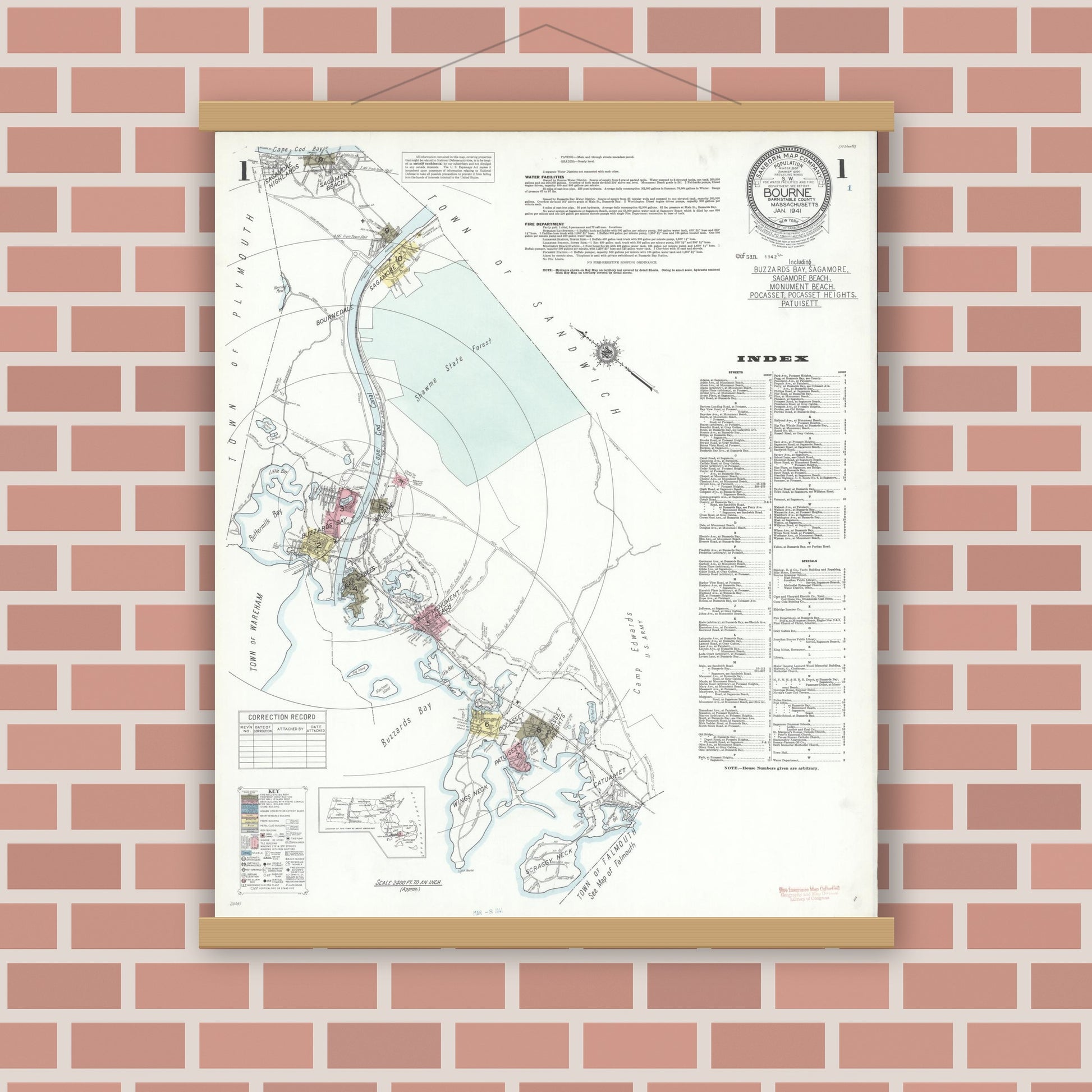 Old map wall art mockup — magnetic wood frame on brick wall — Sanborn Fire Insurance Map from Bourne, Barnstable County, Massachusetts (1941), Sheet #0001