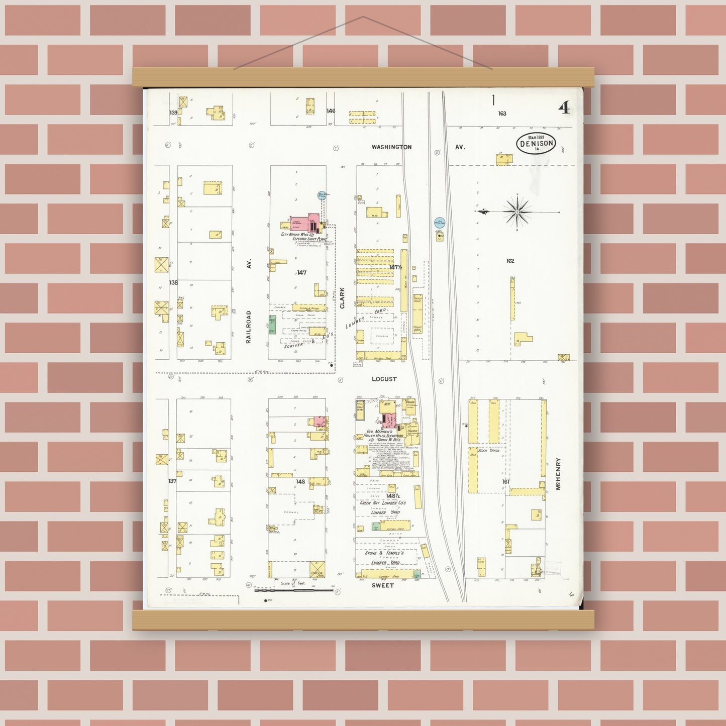 Old map wall art mockup — magnetic wood frame on brick wall — Sanborn Fire Insurance Map from Denison, Crawford County, Iowa (1899), Sheet #0004