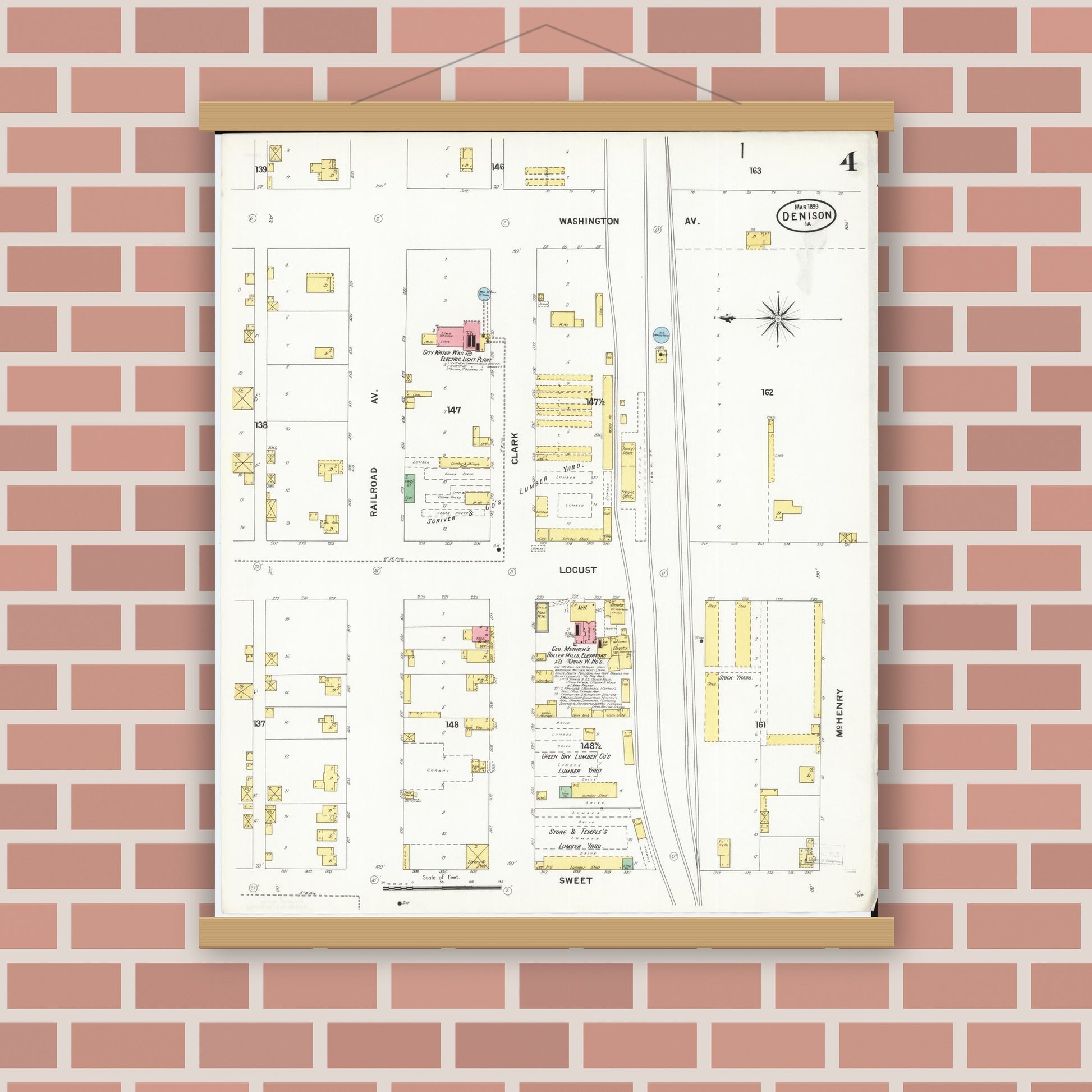 Old map wall art mockup — magnetic wood frame on brick wall — Sanborn Fire Insurance Map from Denison, Crawford County, Iowa (1899), Sheet #0004