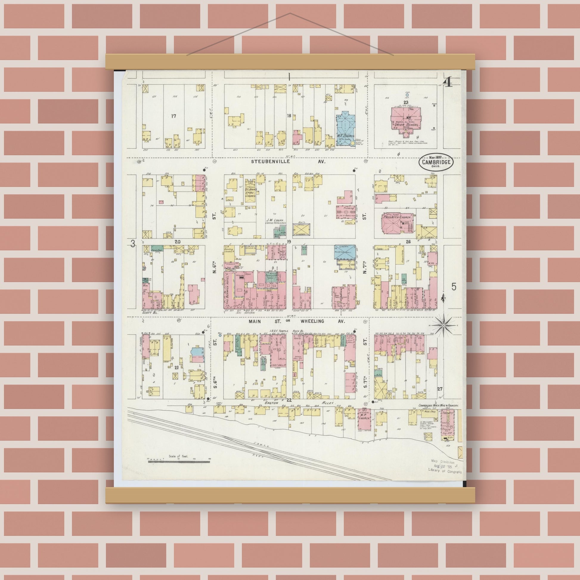 Old map wall art mockup — magnetic wood frame on brick wall — Sanborn Fire Insurance Map from Cambridge, Guernsey County, Ohio (1897), Sheet #0004
