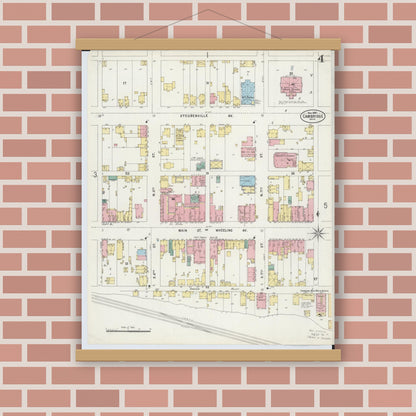 Old map wall art mockup — magnetic wood frame on brick wall — Sanborn Fire Insurance Map from Cambridge, Guernsey County, Ohio (1897), Sheet #0004