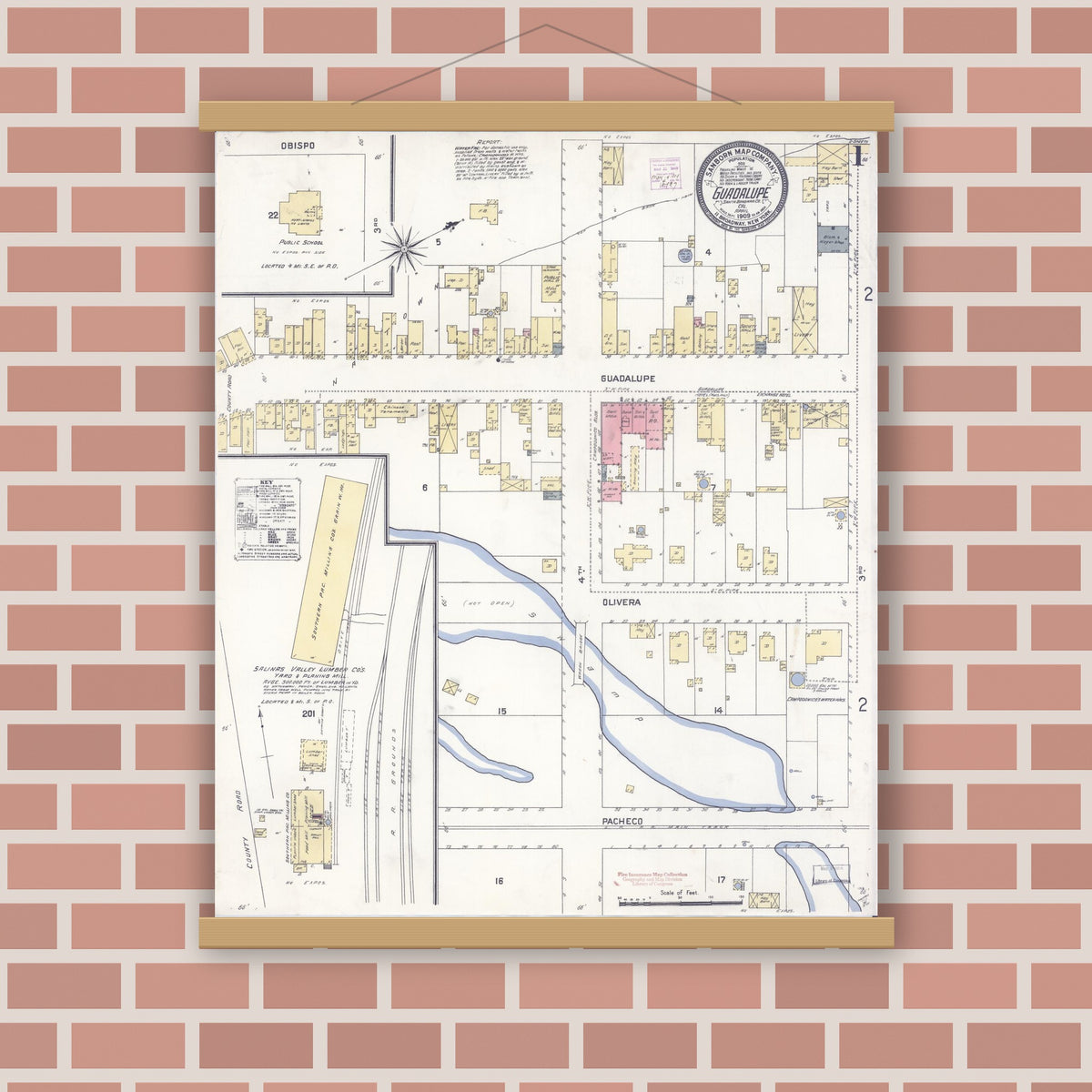 Old map wall art mockup — magnetic wood frame on brick wall — Sanborn Fire Insurance Map from Guadalupe, Santa Barbara County, California (1909), Sheet #0001