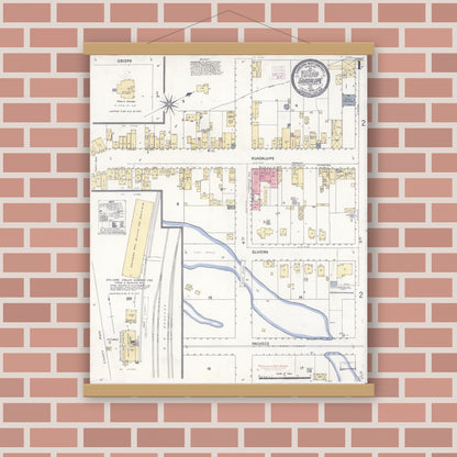 Old map wall art mockup — magnetic wood frame on brick wall — Sanborn Fire Insurance Map from Guadalupe, Santa Barbara County, California (1909), Sheet #0001