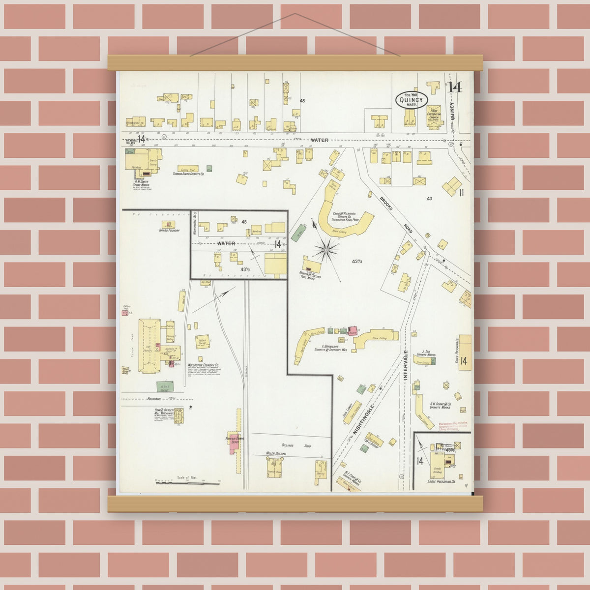 Old map wall art mockup — magnetic wood frame on brick wall — Sanborn Fire Insurance Map from Quincy, Norfolk County, Massachusetts (1901), Sheet #0014