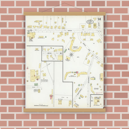 Old map wall art mockup — magnetic wood frame on brick wall — Sanborn Fire Insurance Map from Quincy, Norfolk County, Massachusetts (1901), Sheet #0014