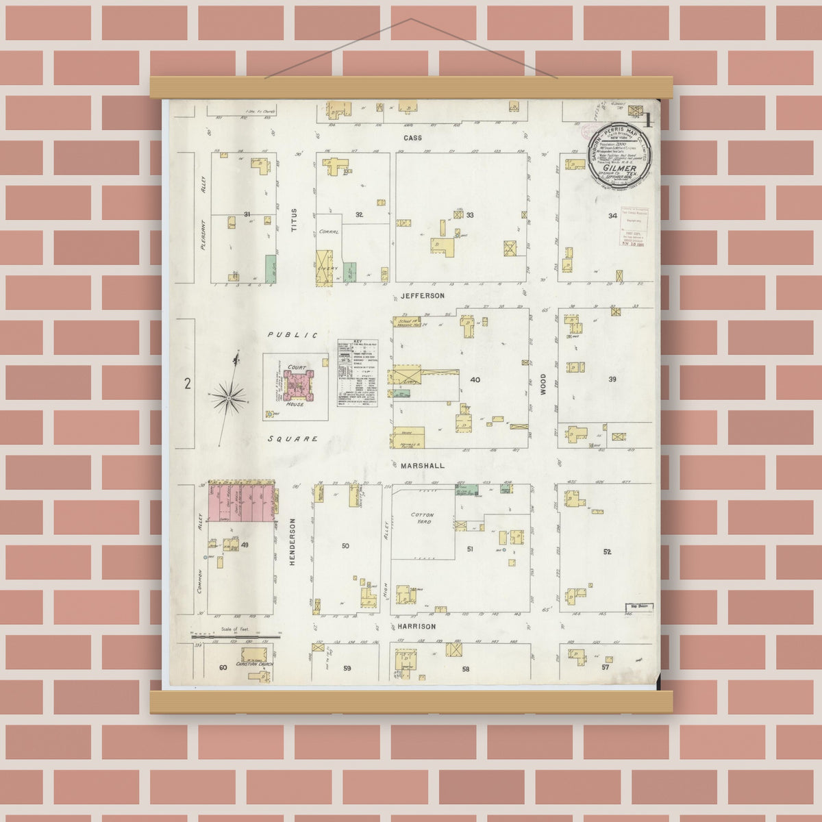 Old map wall art mockup — magnetic wood frame on brick wall — Sanborn Fire Insurance Map from Gilmer, Upshur County, Texas (1896) - Complete Map Set