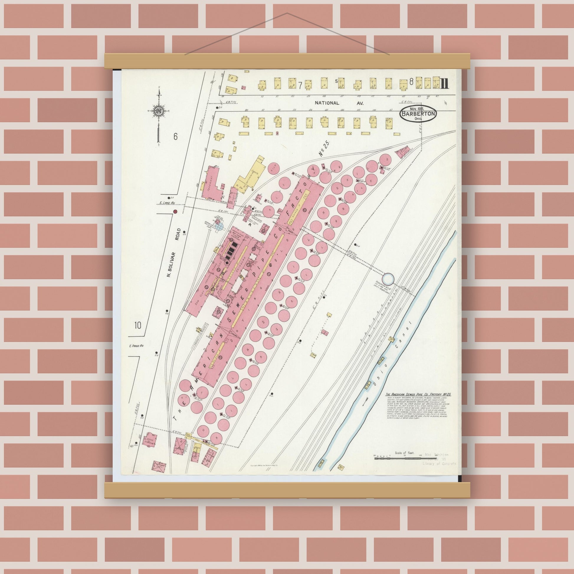 Old map wall art mockup — magnetic wood frame on brick wall — Sanborn Fire Insurance Map from Barberton, Summit County, Ohio (1916), Sheet #0011