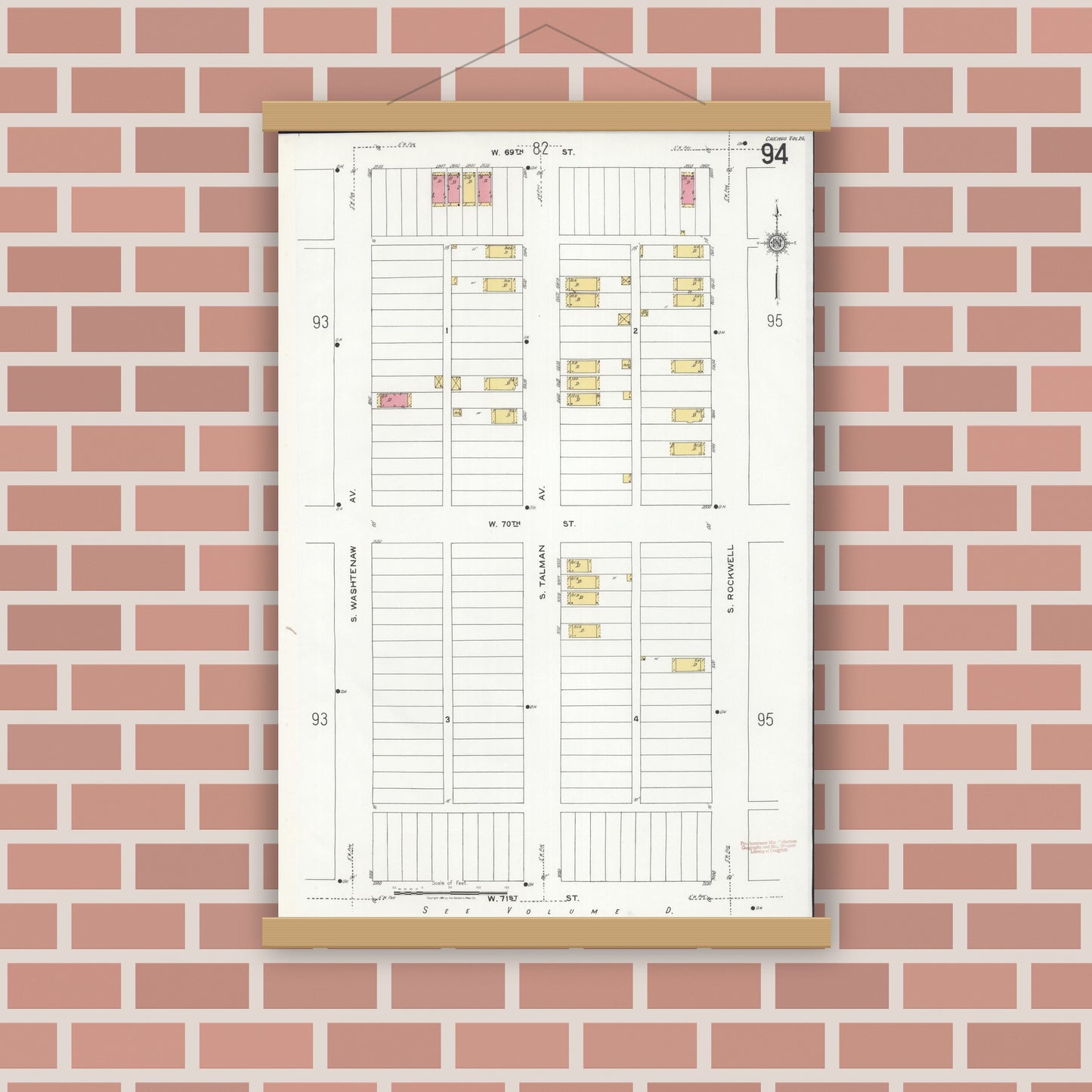 Old map wall art mockup — magnetic wood frame on brick wall — Sanborn Fire Insurance Map from Chicago, Cook County, Illinois (1920), Sheet #0094