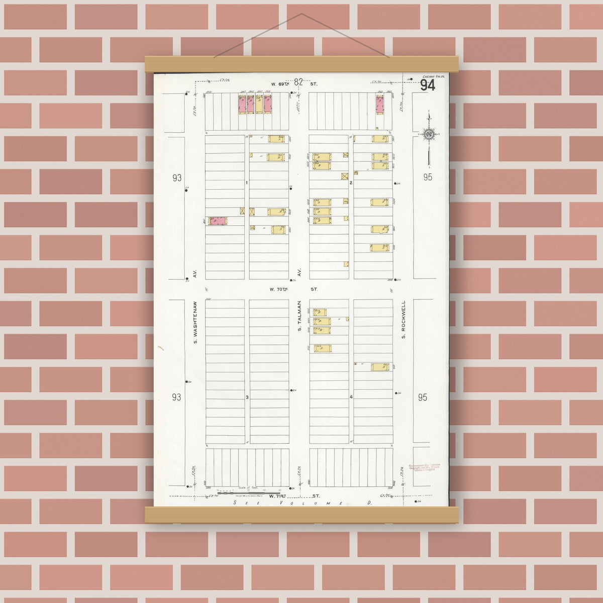 Old map wall art mockup — magnetic wood frame on brick wall — Sanborn Fire Insurance Map from Chicago, Cook County, Illinois (1920), Sheet #0094