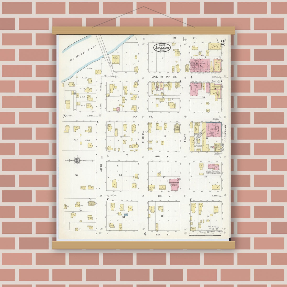 Old map wall art mockup — magnetic wood frame on brick wall — Sanborn Fire Insurance Map from Jackson, Jackson County, Minnesota (1913), Sheet #0002