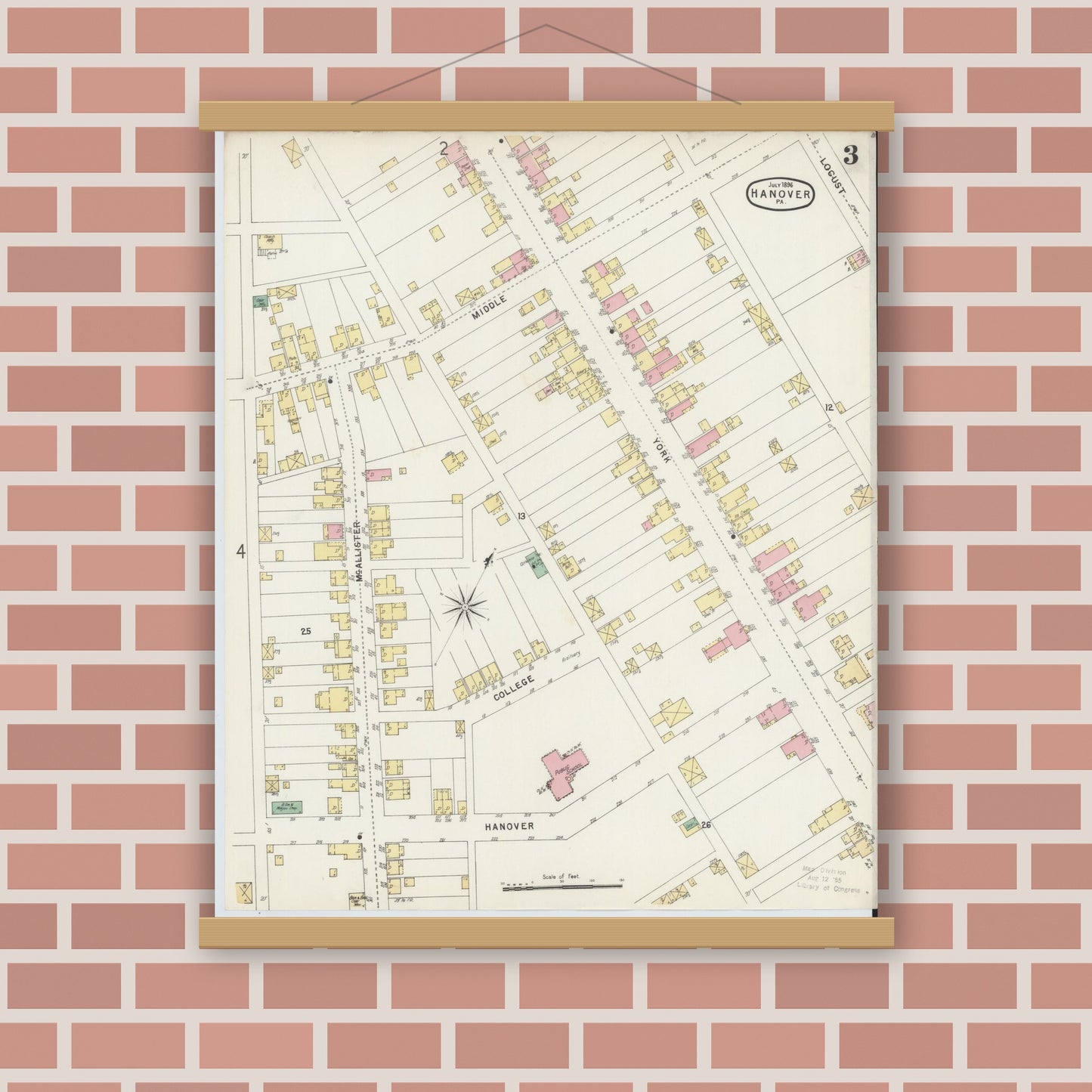 Old map wall art mockup — magnetic wood frame on brick wall — Sanborn Fire Insurance Map from Hanover, York County, Pennsylvania (1896), Sheet #0003