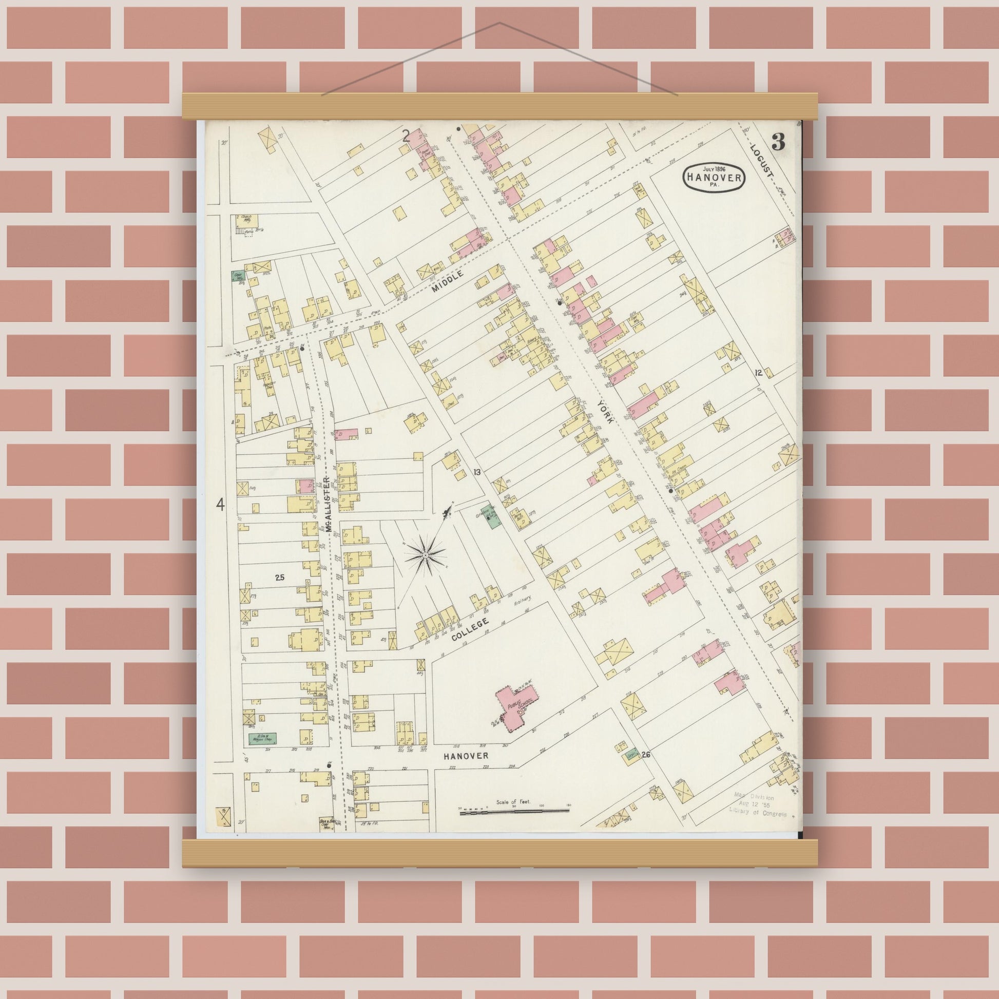 Old map wall art mockup — magnetic wood frame on brick wall — Sanborn Fire Insurance Map from Hanover, York County, Pennsylvania (1896), Sheet #0003