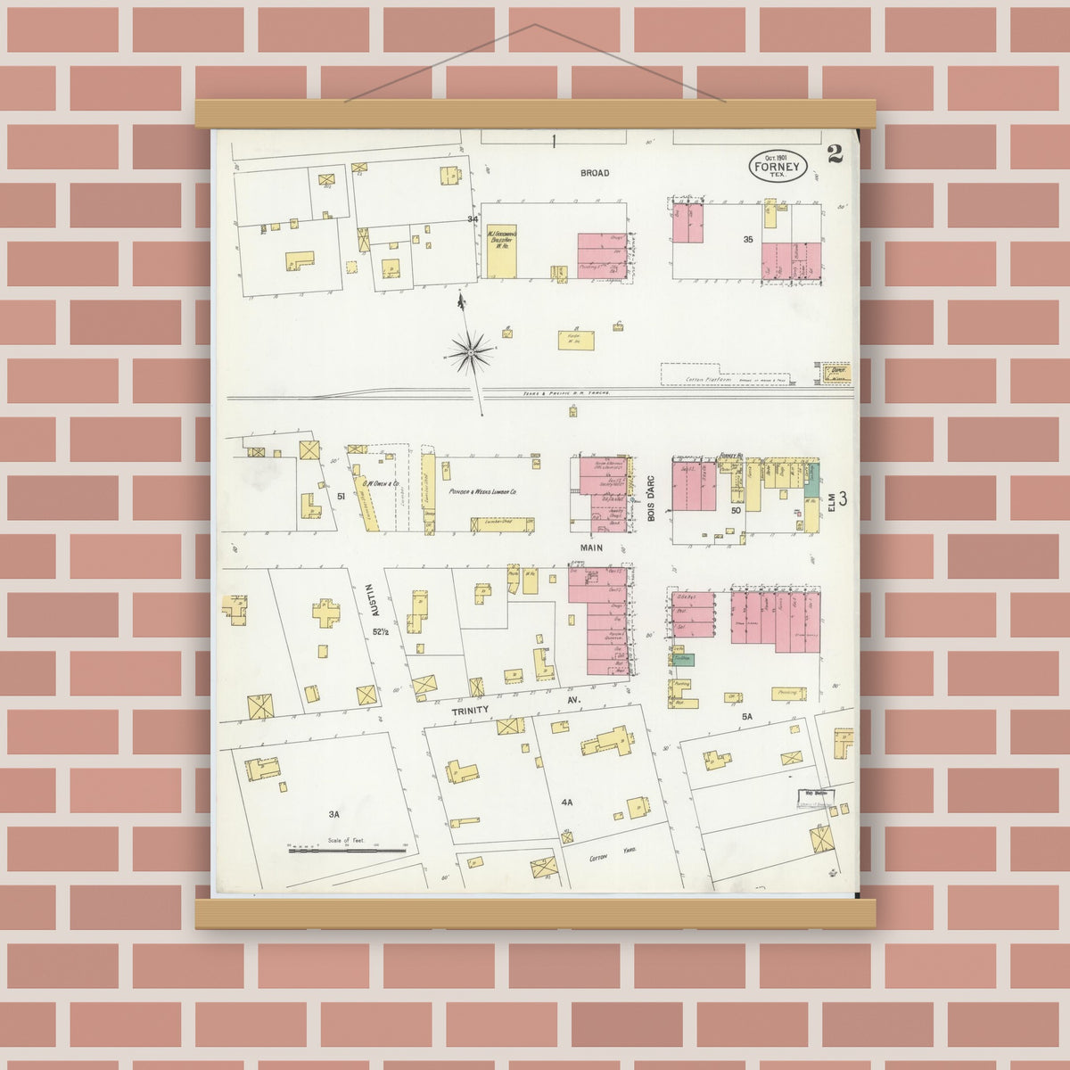 Old map wall art mockup — magnetic wood frame on brick wall — Sanborn Fire Insurance Map from Forney, Kaufman County, Texas (1901), Sheet #0002