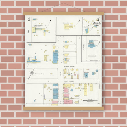 Old map wall art mockup — magnetic wood frame on brick wall — Sanborn Fire Insurance Map from Boerne, Kendall County, Texas (1924), Sheet #0002