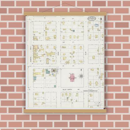 Old map wall art mockup — magnetic wood frame on brick wall — Sanborn Fire Insurance Map from Fairmont, Martin County, Minnesota (1894), Sheet #0003