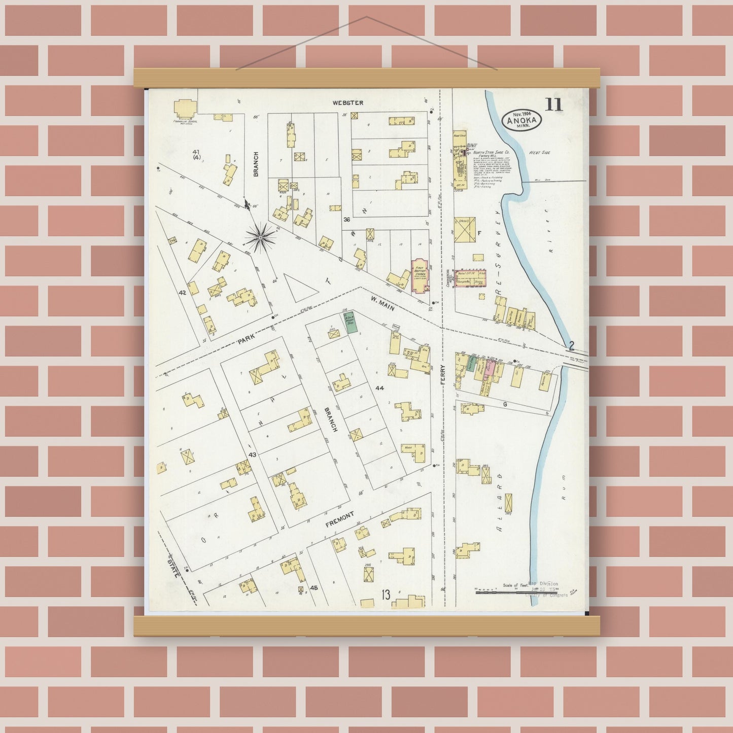 Old map wall art mockup — magnetic wood frame on brick wall — Sanborn Fire Insurance Map from Anoka, Anoka County, Minnesota (1904), Sheet #0011