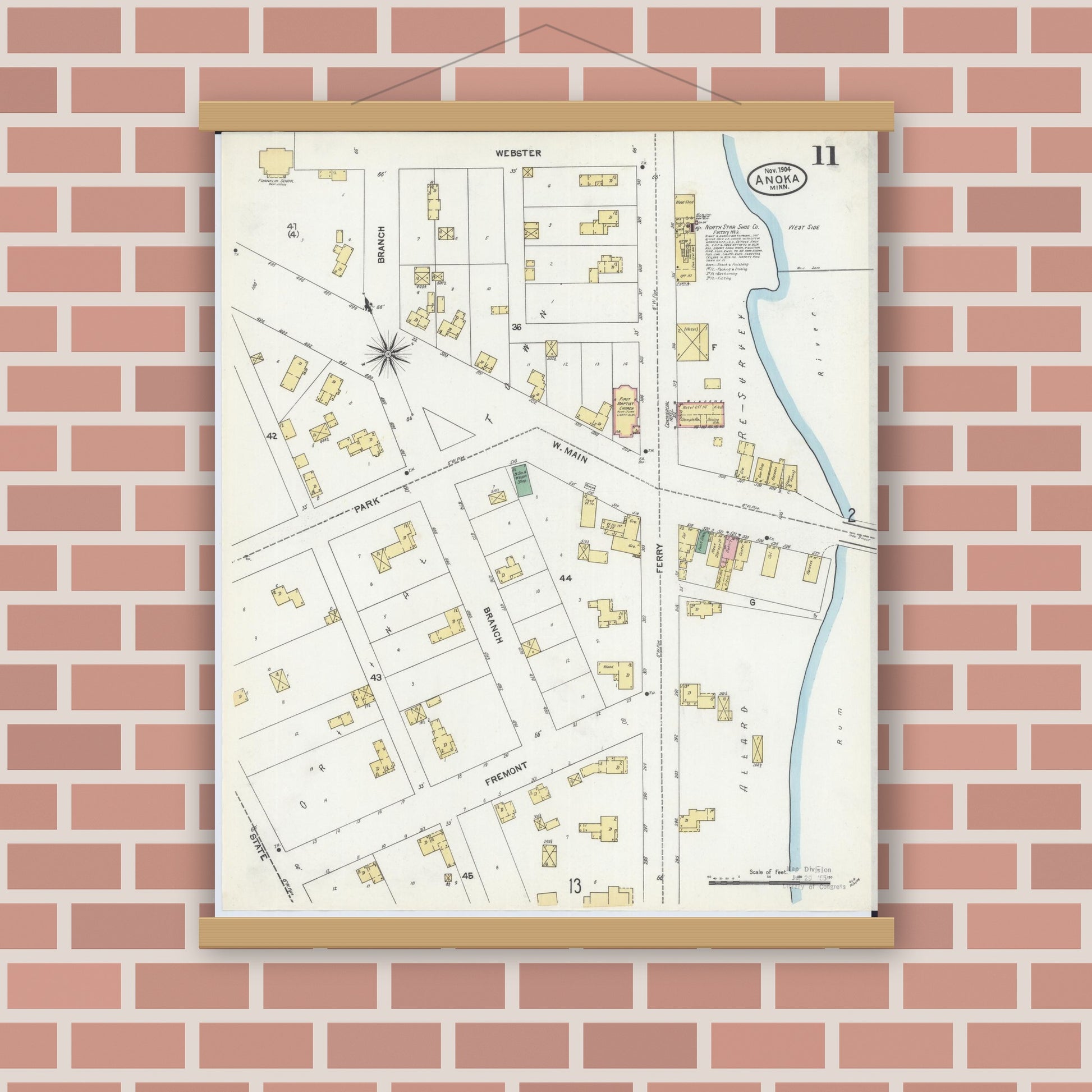 Old map wall art mockup — magnetic wood frame on brick wall — Sanborn Fire Insurance Map from Anoka, Anoka County, Minnesota (1904), Sheet #0011