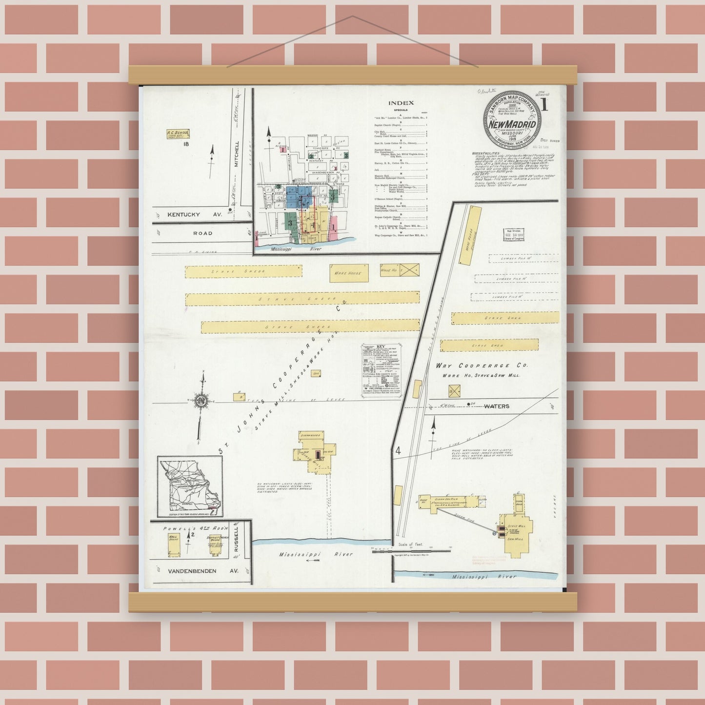 Old map wall art mockup — magnetic wood frame on brick wall — Sanborn Fire Insurance Map from New Madrid, New Madrid County, Missouri (1919) - Complete Map Set