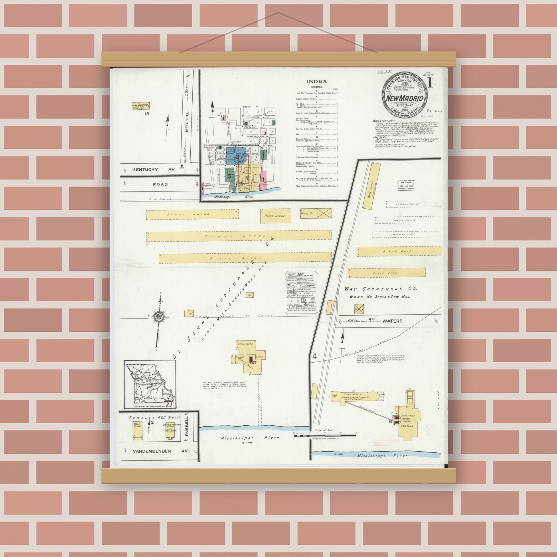 Old map wall art mockup — magnetic wood frame on brick wall — Sanborn Fire Insurance Map from New Madrid, New Madrid County, Missouri (1919) - Complete Map Set