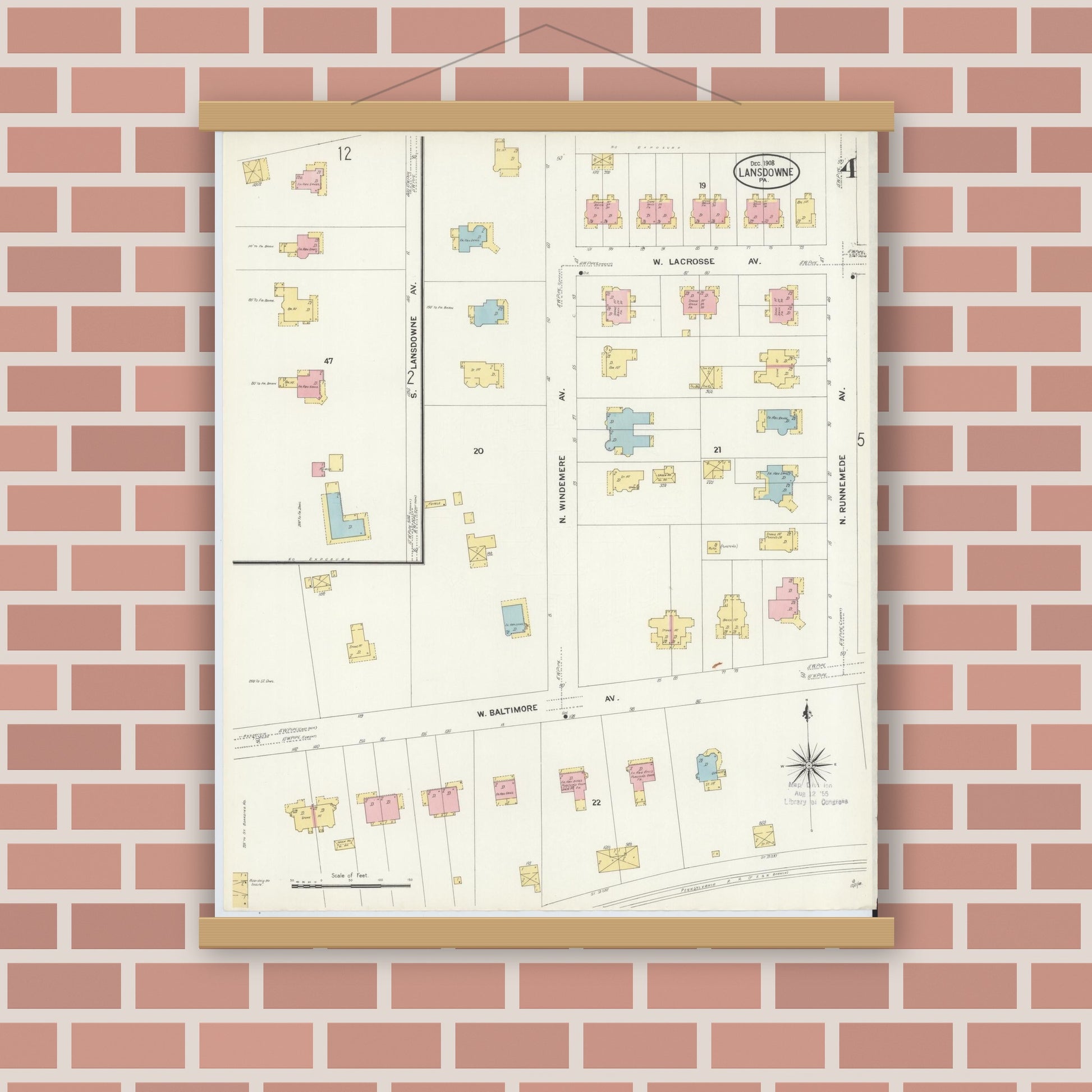 Old map wall art mockup — magnetic wood frame on brick wall — Sanborn Fire Insurance Map from Lansdowne, Delaware County, Pennsylvania (1908), Sheet #0004