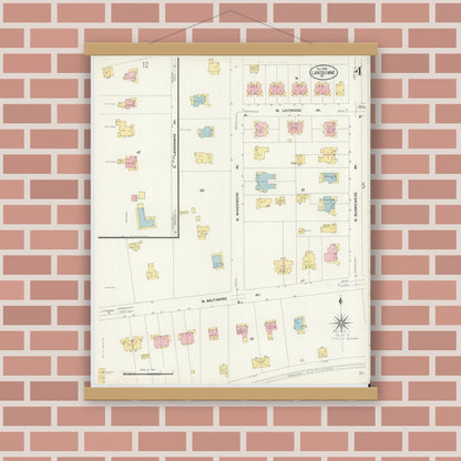 Old map wall art mockup — magnetic wood frame on brick wall — Sanborn Fire Insurance Map from Lansdowne, Delaware County, Pennsylvania (1908), Sheet #0004
