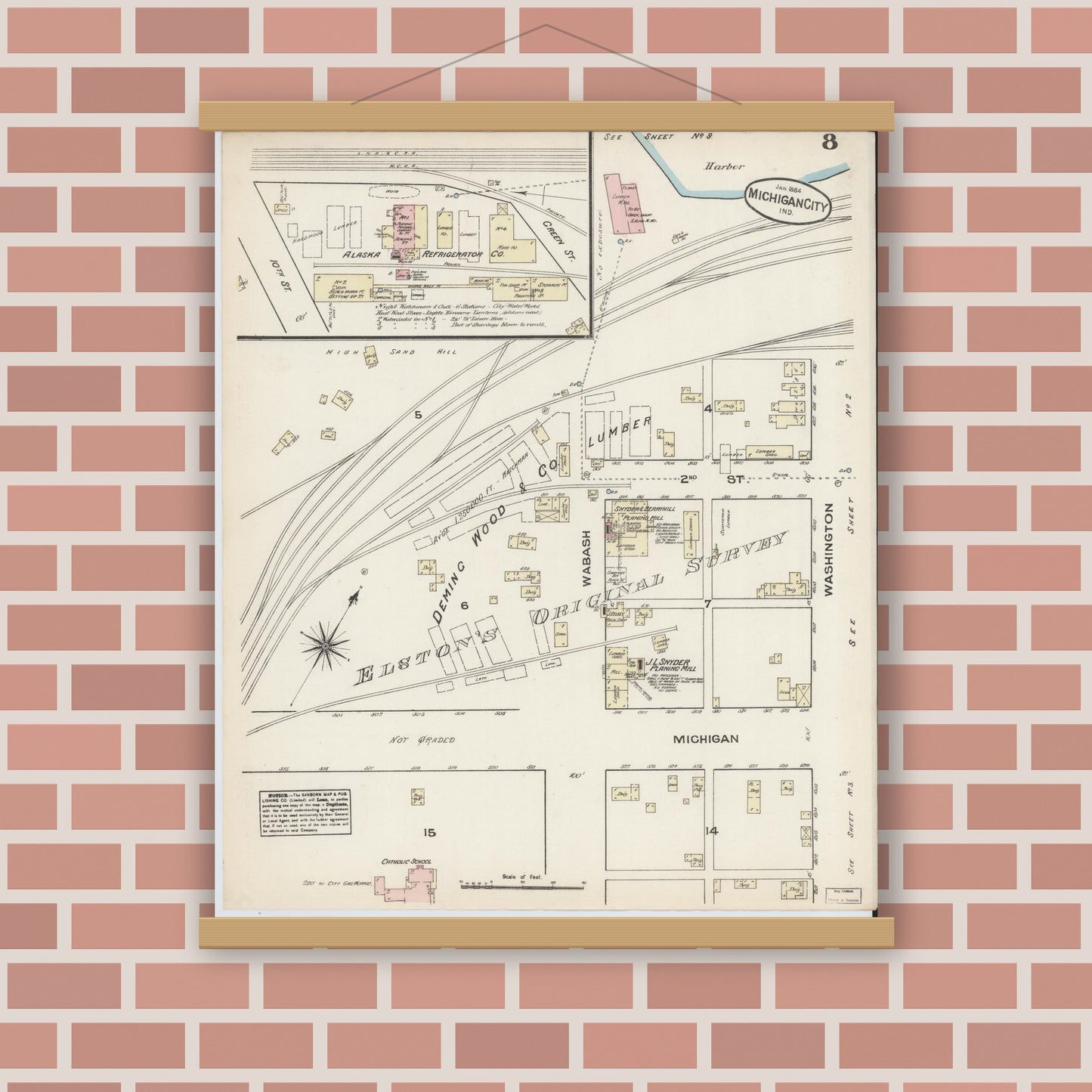 Old map wall art mockup — magnetic wood frame on brick wall — Sanborn Fire Insurance Map from Michigan City, La Porte  County, Indiana (1884), Sheet #0008