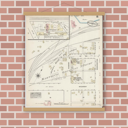 Old map wall art mockup — magnetic wood frame on brick wall — Sanborn Fire Insurance Map from Michigan City, La Porte  County, Indiana (1884), Sheet #0008