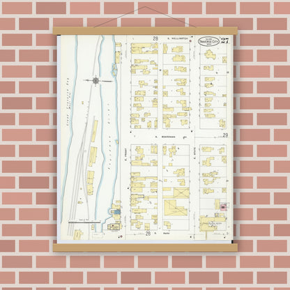 Old map wall art mockup — magnetic wood frame on brick wall — Sanborn Fire Insurance Map from Traverse City, Grand Traverse County, Michigan (1910), Sheet #0027