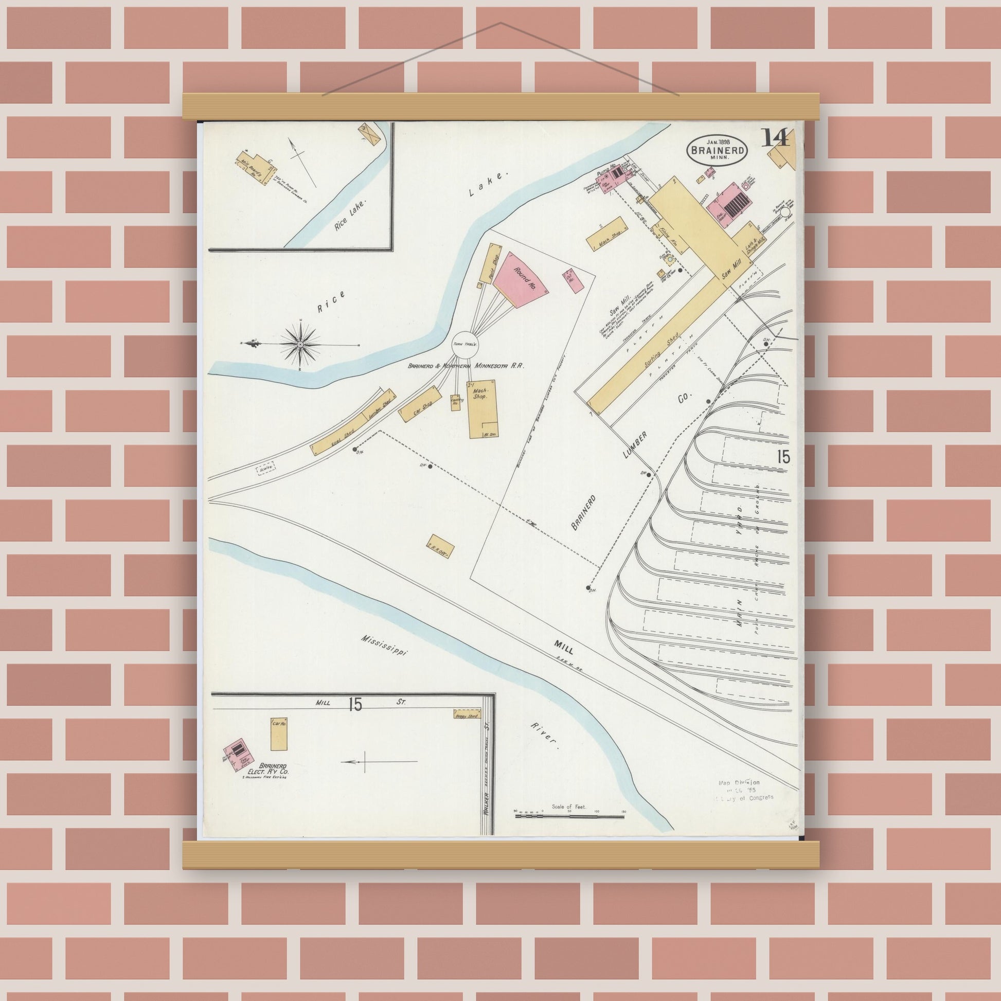 Old map wall art mockup — magnetic wood frame on brick wall — Sanborn Fire Insurance Map from Brainerd, Crow Wing County, Minnesota (1898), Sheet #0014