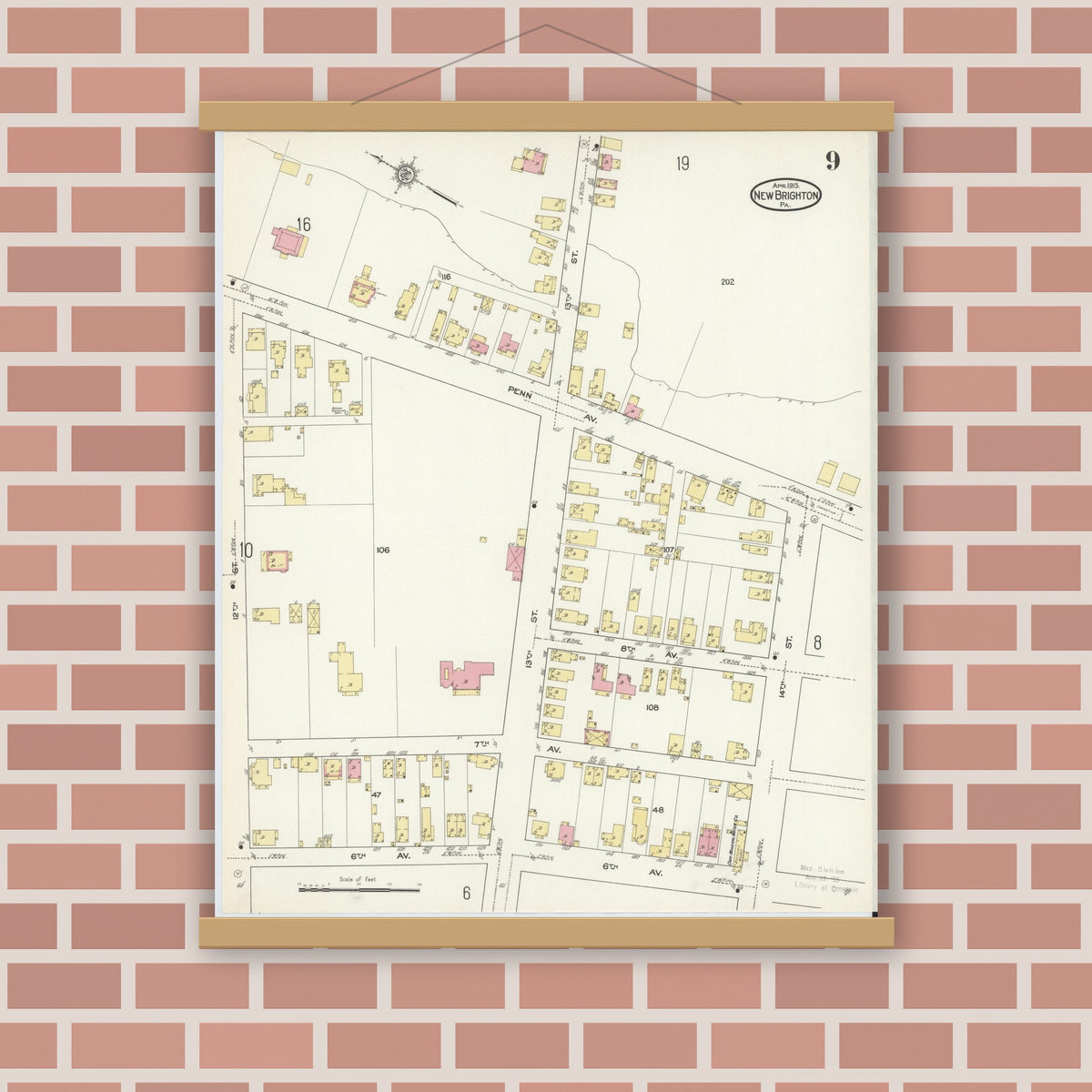 Old map wall art mockup — magnetic wood frame on brick wall — Sanborn Fire Insurance Map from New Brighton, Beaver County, Pennsylvania (1913), Sheet #0009