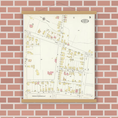 Old map wall art mockup — magnetic wood frame on brick wall — Sanborn Fire Insurance Map from New Brighton, Beaver County, Pennsylvania (1913), Sheet #0009