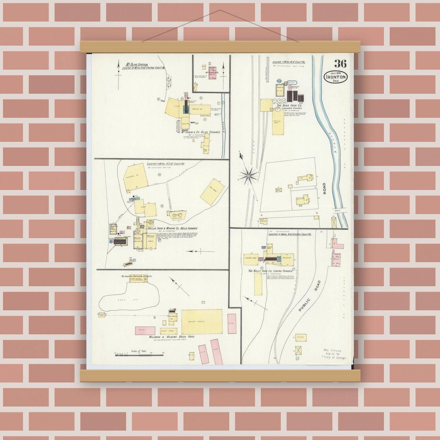 Old map wall art mockup — magnetic wood frame on brick wall — Sanborn Fire Insurance Map from Ironton, Lawrence County, Ohio (1909), Sheet #0036