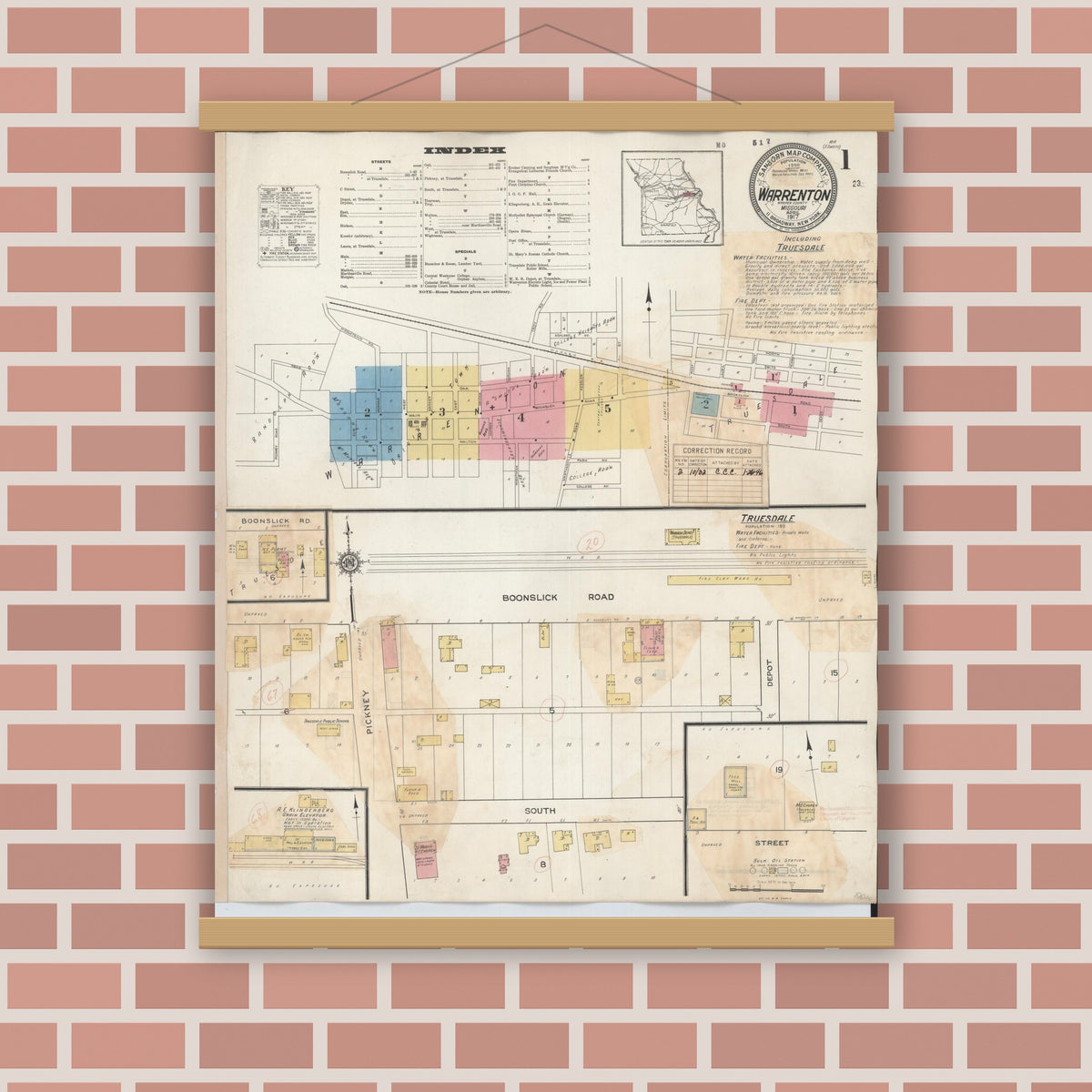 Old map wall art mockup — magnetic wood frame on brick wall — Sanborn Fire Insurance Map from Warrenton, Warren County, Missouri (1932) - Complete Map Set