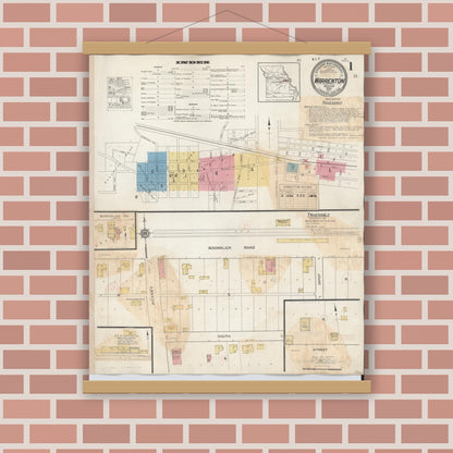 Old map wall art mockup — magnetic wood frame on brick wall — Sanborn Fire Insurance Map from Warrenton, Warren County, Missouri (1932) - Complete Map Set