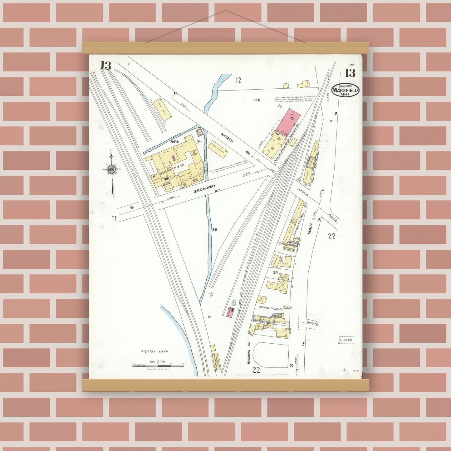 Old map wall art mockup — magnetic wood frame on brick wall — Sanborn Fire Insurance Map from Wakefield, Middlesex County, Massachusetts (1923), Sheet #0013