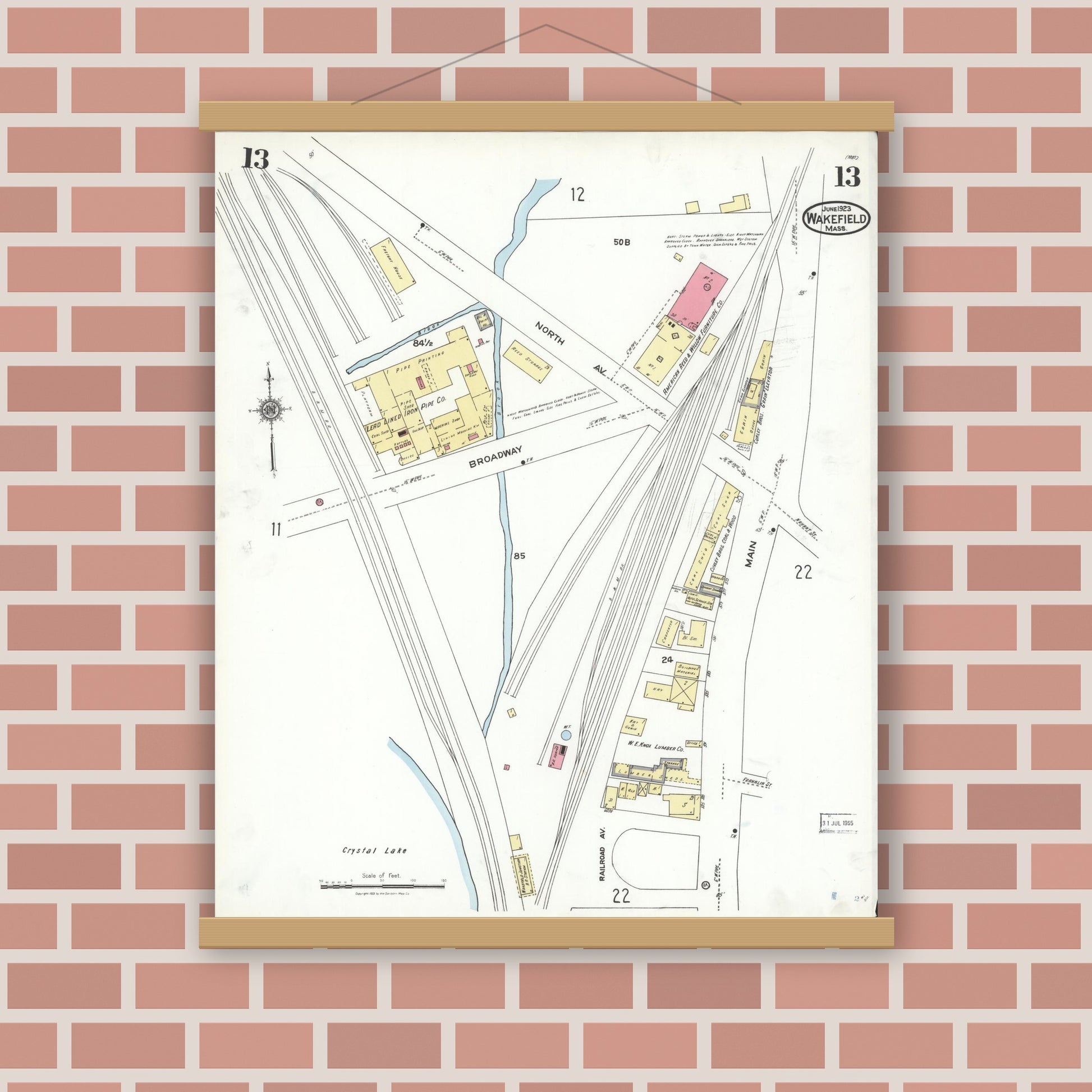 Old map wall art mockup — magnetic wood frame on brick wall — Sanborn Fire Insurance Map from Wakefield, Middlesex County, Massachusetts (1923), Sheet #0013