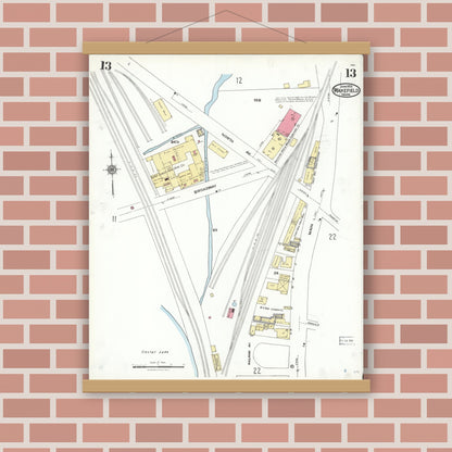 Old map wall art mockup — magnetic wood frame on brick wall — Sanborn Fire Insurance Map from Wakefield, Middlesex County, Massachusetts (1923), Sheet #0013