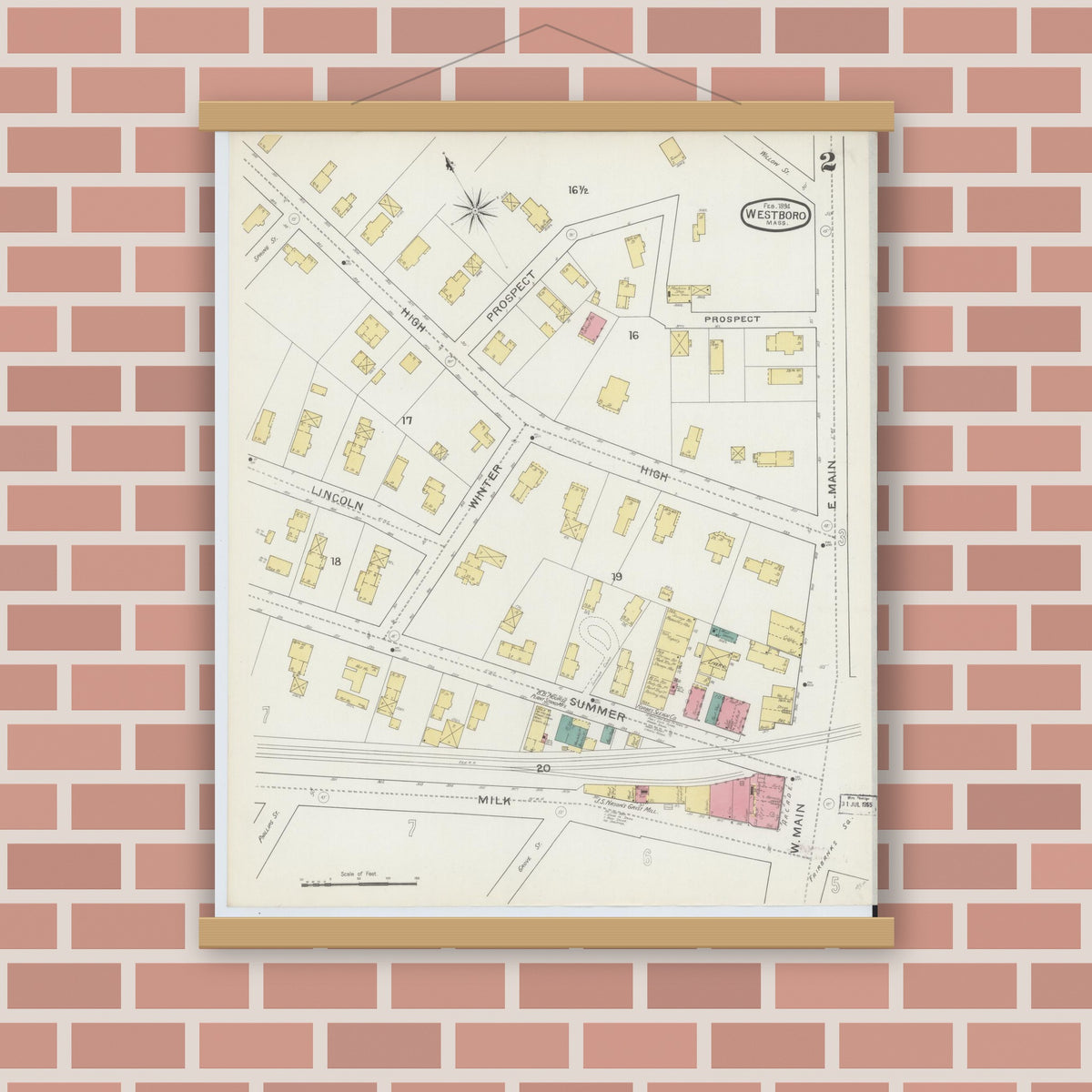 Old map wall art mockup — magnetic wood frame on brick wall — Sanborn Fire Insurance Map from Westboro, Worcester County, Massachusetts (1894), Sheet #0002