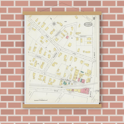 Old map wall art mockup — magnetic wood frame on brick wall — Sanborn Fire Insurance Map from Westboro, Worcester County, Massachusetts (1894), Sheet #0002