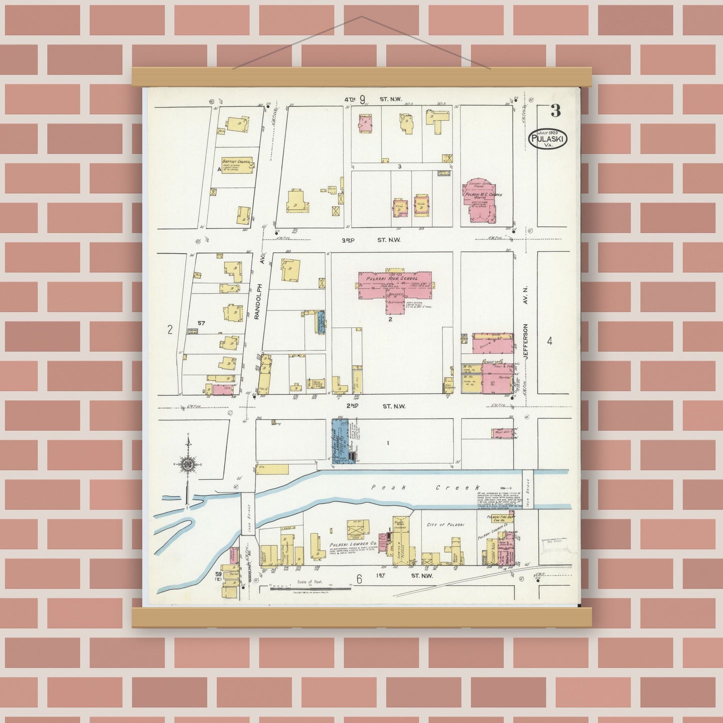 Old map wall art mockup — magnetic wood frame on brick wall — Sanborn Fire Insurance Map from Pulaski, Pulaski County, Virginia (1920), Sheet #0003