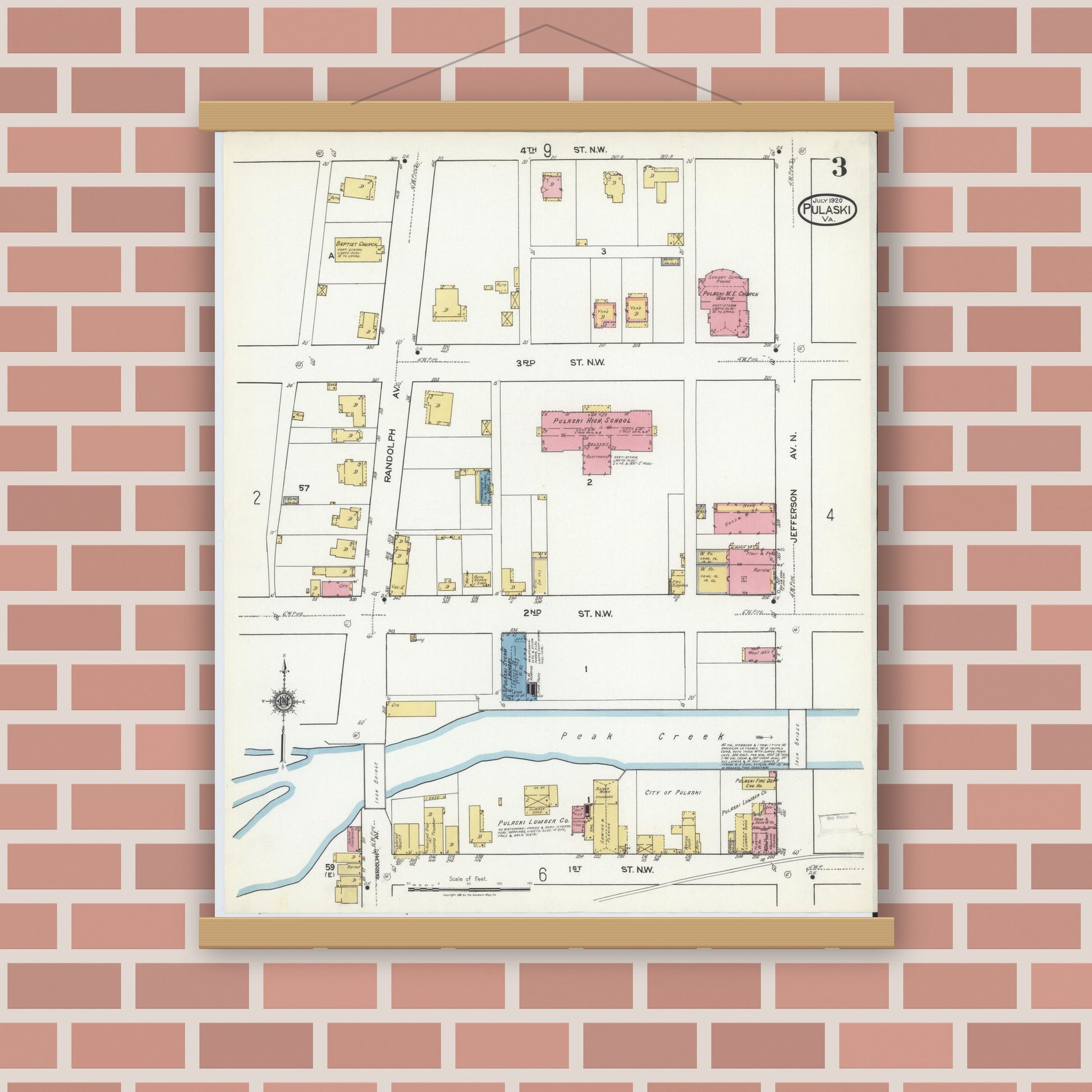 Old map wall art mockup — magnetic wood frame on brick wall — Sanborn Fire Insurance Map from Pulaski, Pulaski County, Virginia (1920), Sheet #0003