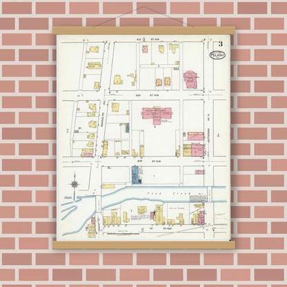 Old map wall art mockup — magnetic wood frame on brick wall — Sanborn Fire Insurance Map from Pulaski, Pulaski County, Virginia (1920), Sheet #0003
