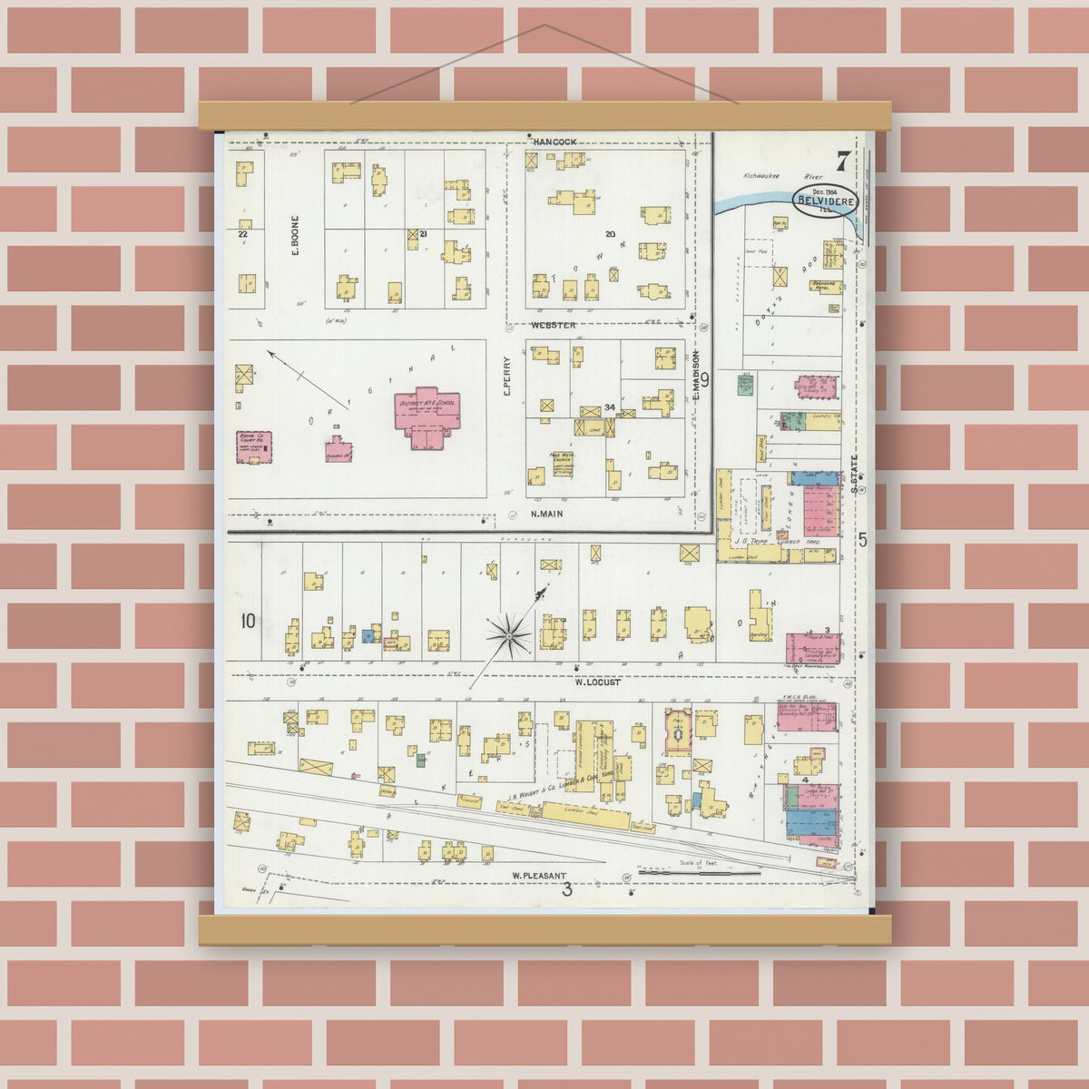 Old map wall art mockup — magnetic wood frame on brick wall — Sanborn Fire Insurance Map from Belvidere, Boone County, Illinois (1904), Sheet #0007