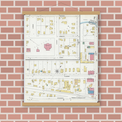 Old map wall art mockup — magnetic wood frame on brick wall — Sanborn Fire Insurance Map from Belvidere, Boone County, Illinois (1904), Sheet #0007