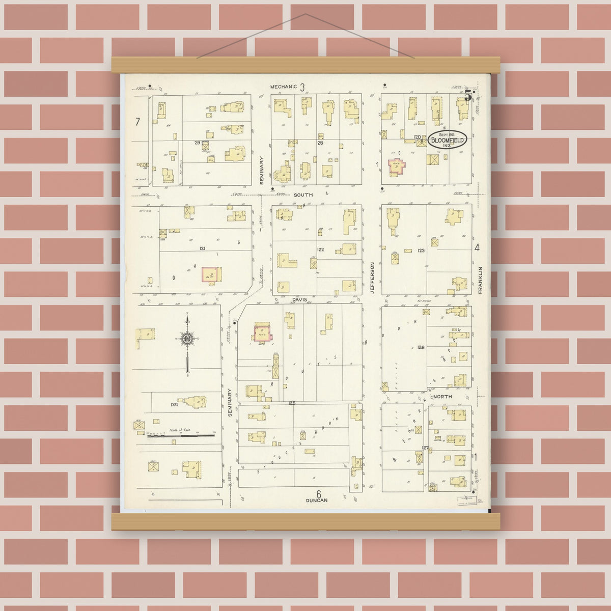 Old map wall art mockup — magnetic wood frame on brick wall — Sanborn Fire Insurance Map from Bloomfield, Greene County, Indiana (1913), Sheet #0005