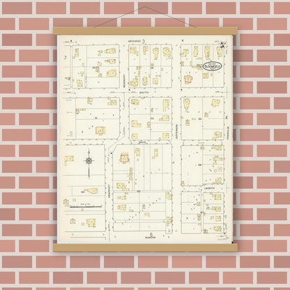 Old map wall art mockup — magnetic wood frame on brick wall — Sanborn Fire Insurance Map from Bloomfield, Greene County, Indiana (1913), Sheet #0005