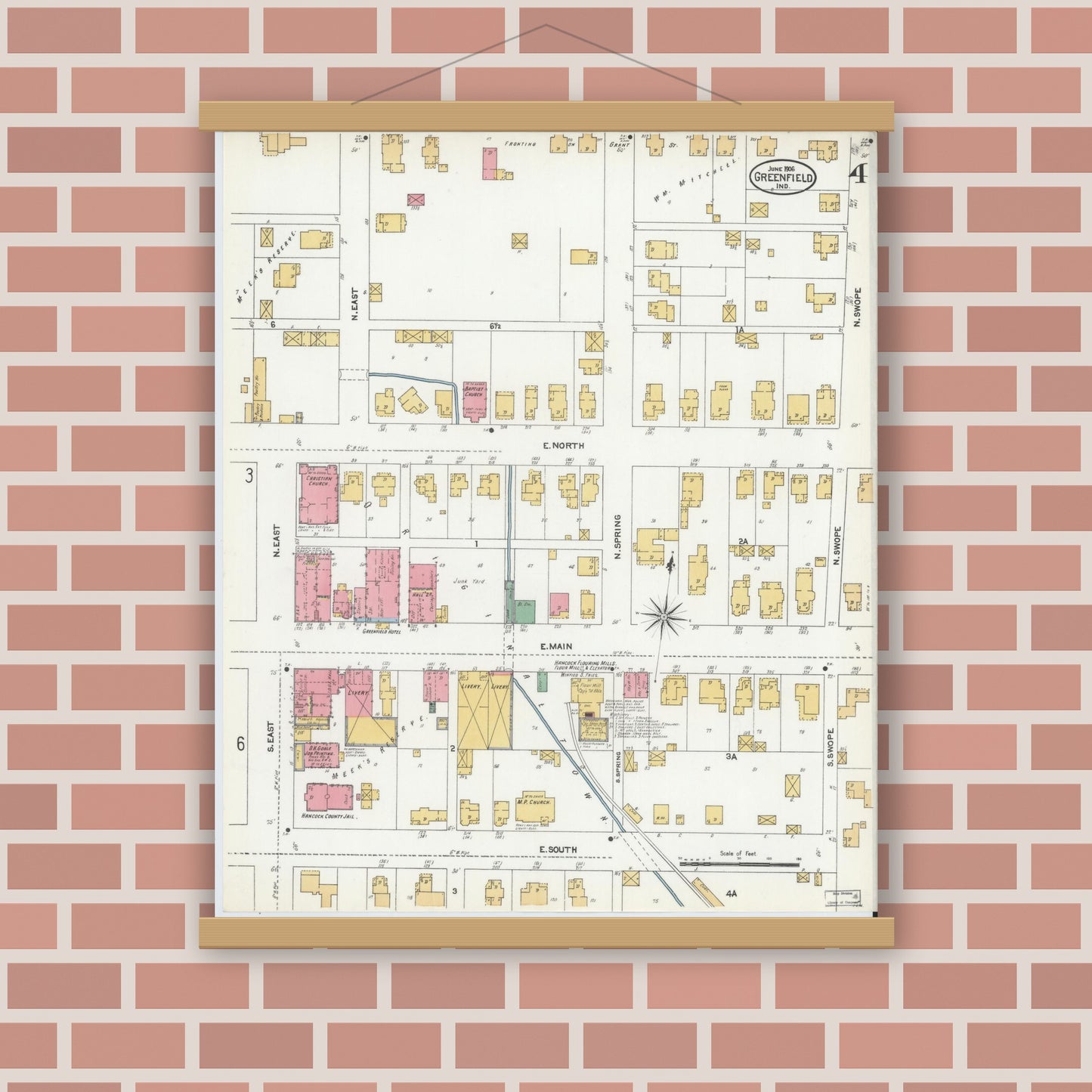 Old map wall art mockup — magnetic wood frame on brick wall — Sanborn Fire Insurance Map from Greenfield, Hancock County, Indiana (1906), Sheet #0004