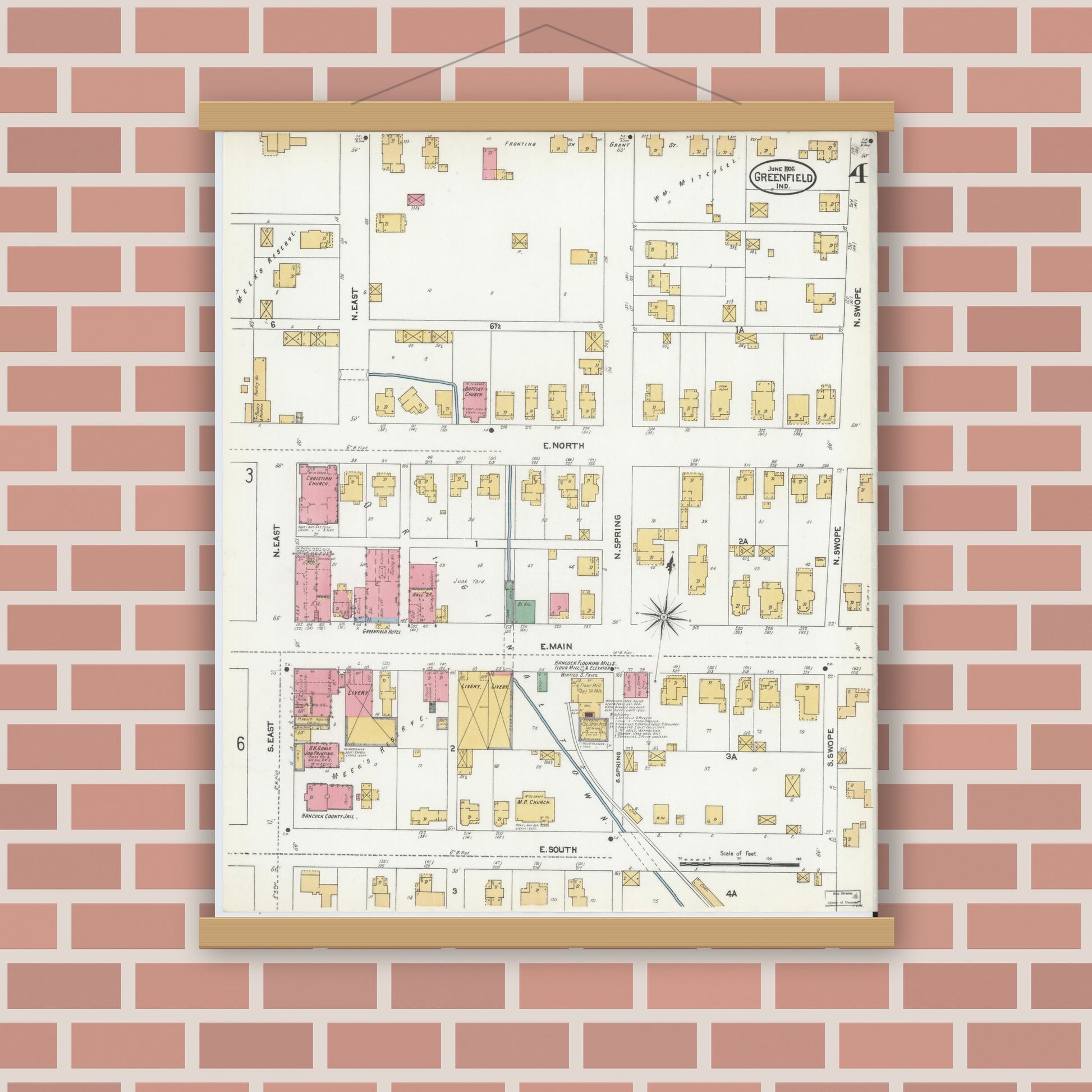 Old map wall art mockup — magnetic wood frame on brick wall — Sanborn Fire Insurance Map from Greenfield, Hancock County, Indiana (1906), Sheet #0004