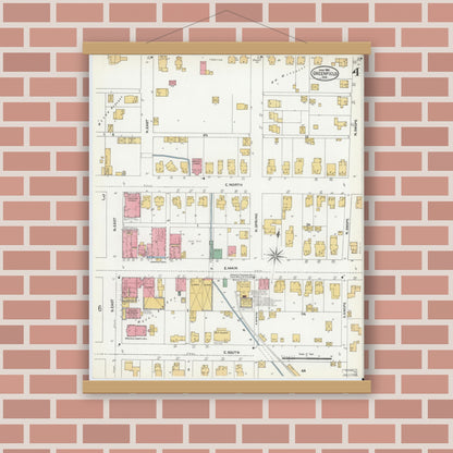 Old map wall art mockup — magnetic wood frame on brick wall — Sanborn Fire Insurance Map from Greenfield, Hancock County, Indiana (1906), Sheet #0004