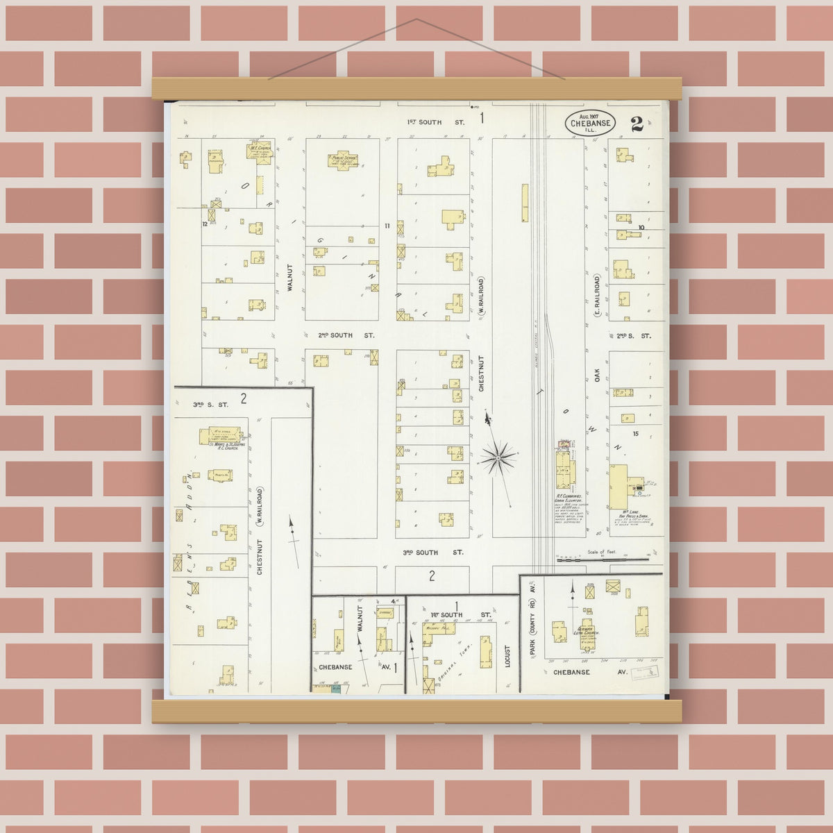Old map wall art mockup — magnetic wood frame on brick wall — Sanborn Fire Insurance Map from Chebanse, Iroquois And Kankakee County, Illinois (1907), Sheet #0002